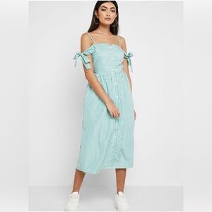English Factory Tie Sleeve Bow Bardot Dress Striped Green and White Size M